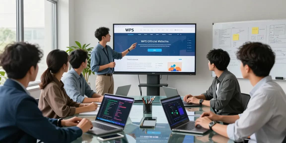 Team collaborating at a meeting featuring the WPS Official Website for software solutions.