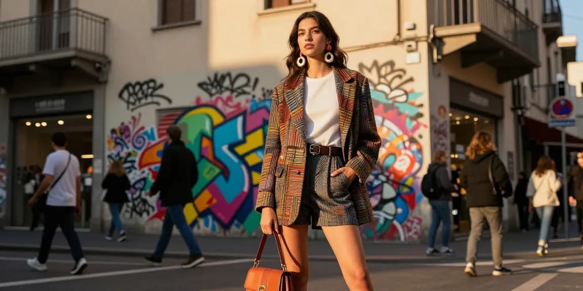Modella elegante in abbigliamento di design che mostra servizi fotografici moda Milano contro uno sfondo urbano.