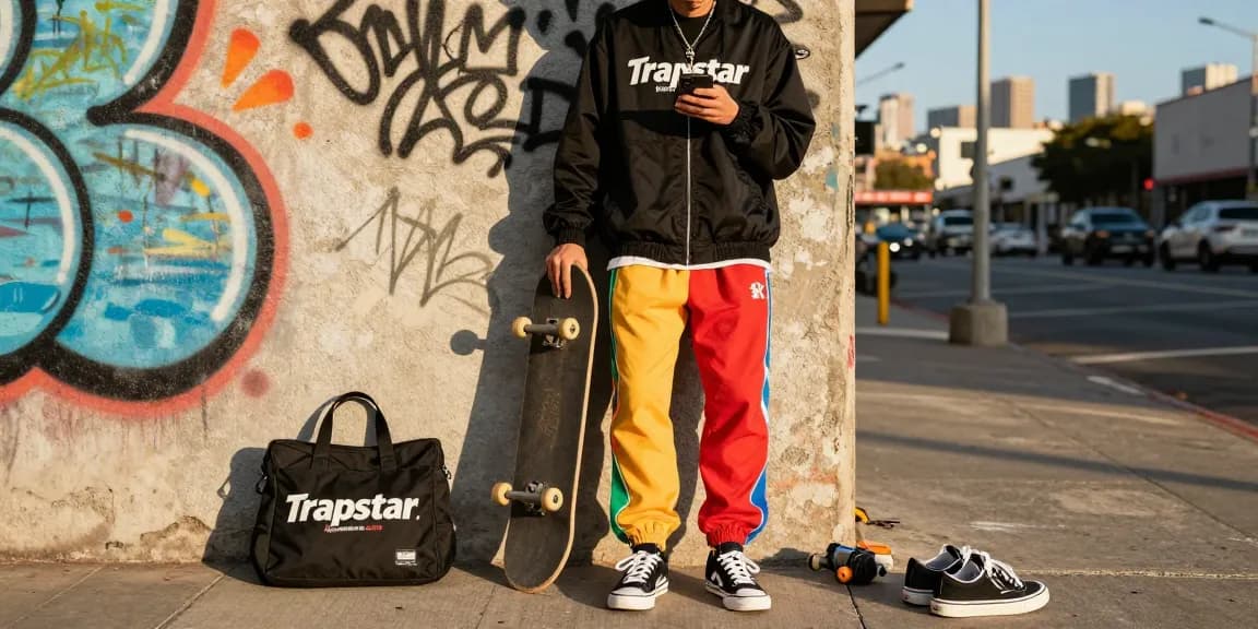 Persona elegante in streetwear di Trapstaritaly.com.co contro un muro di graffiti, che mostra la moda urbana.