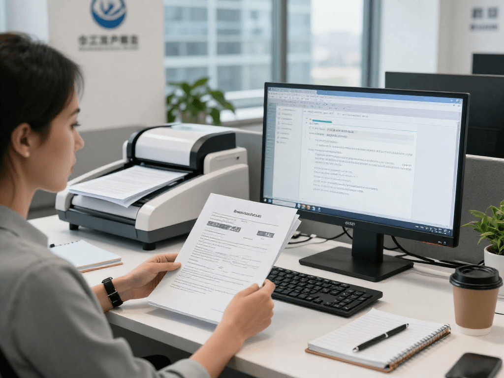 Analyst focusing on document fraud detection with security features visible on scanned papers in a professional office.