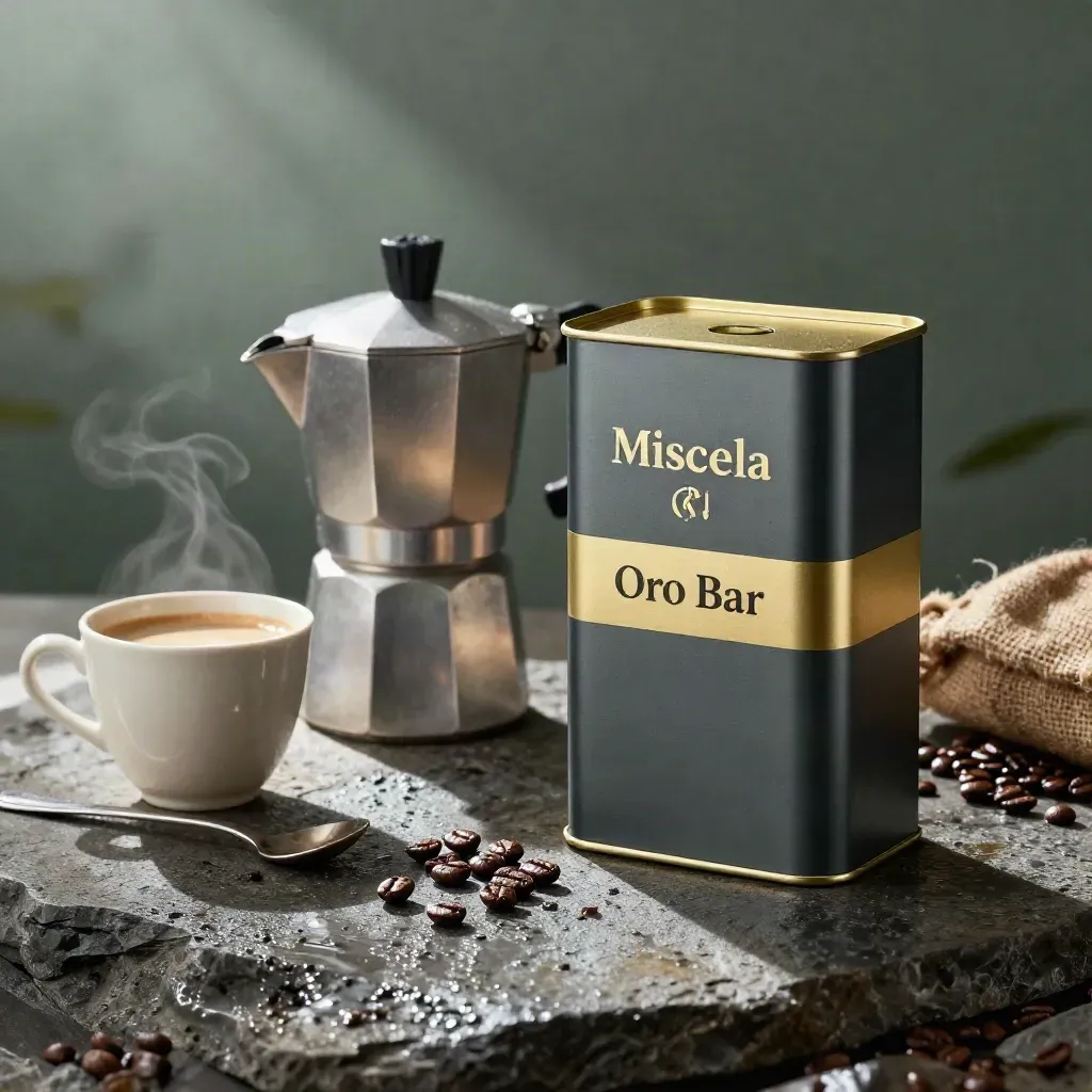 Barattolo di caffè, moka, tazzina e chicchi su pietra bagnata con luce drammatica.