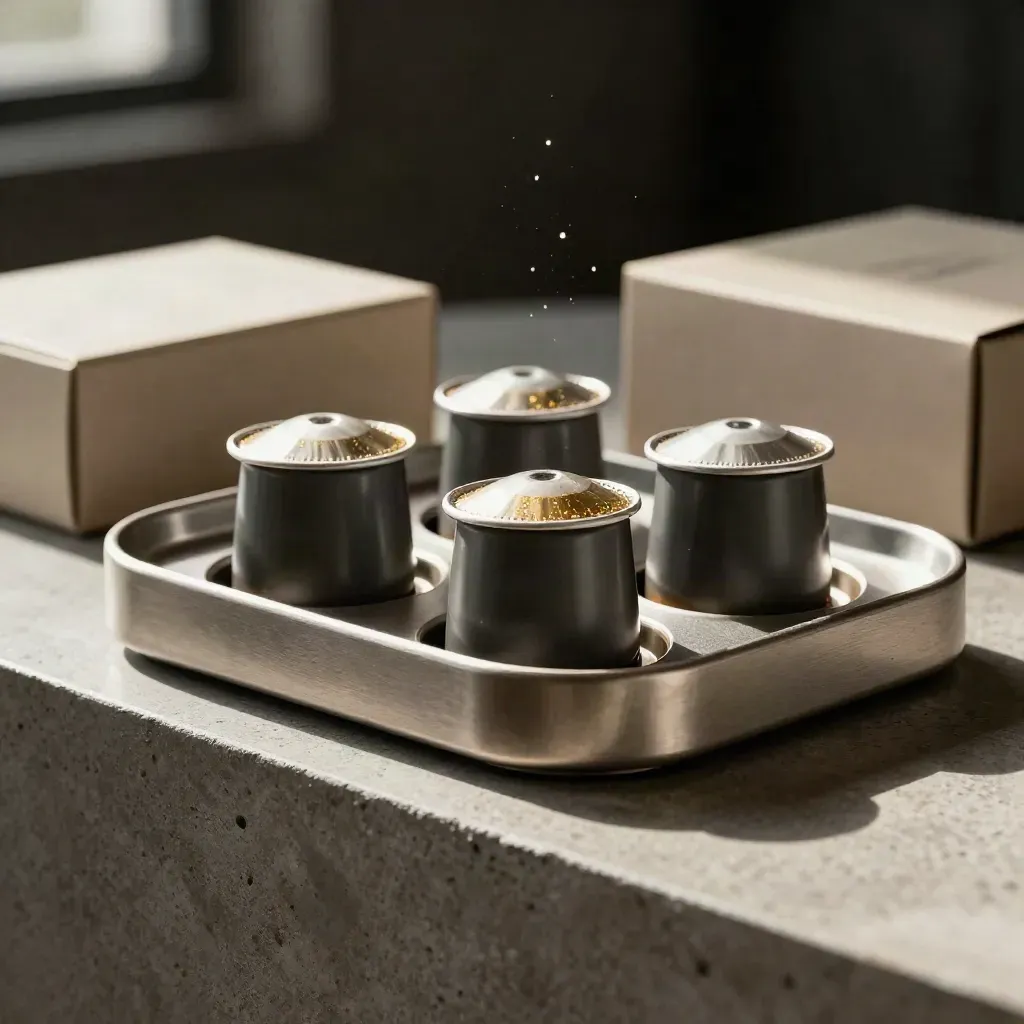 Capsule espresso in vassoio aperto con tre capsule sospese e scatola anonima sul fondo.