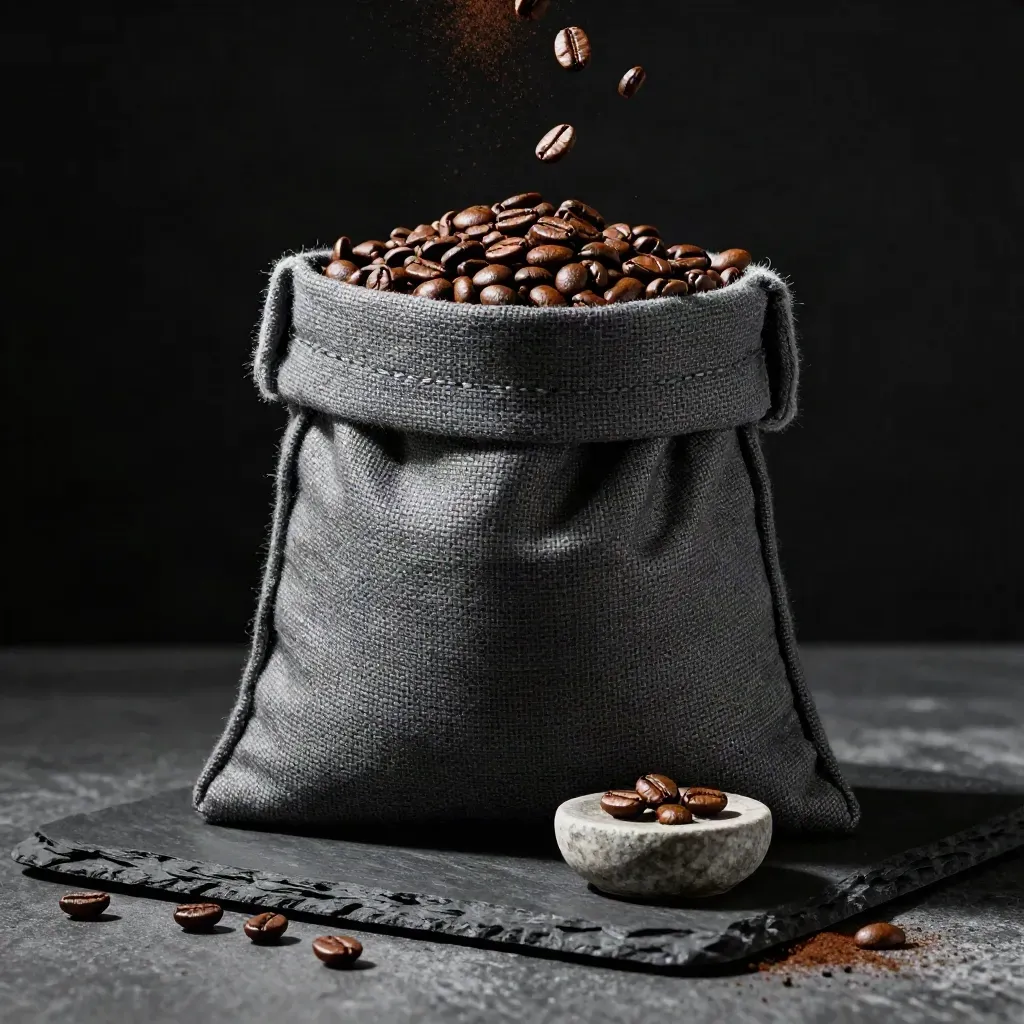 Sacchetto opaco di caffè in grani su ardesia, chicchi sospesi e ciotola in pietra.