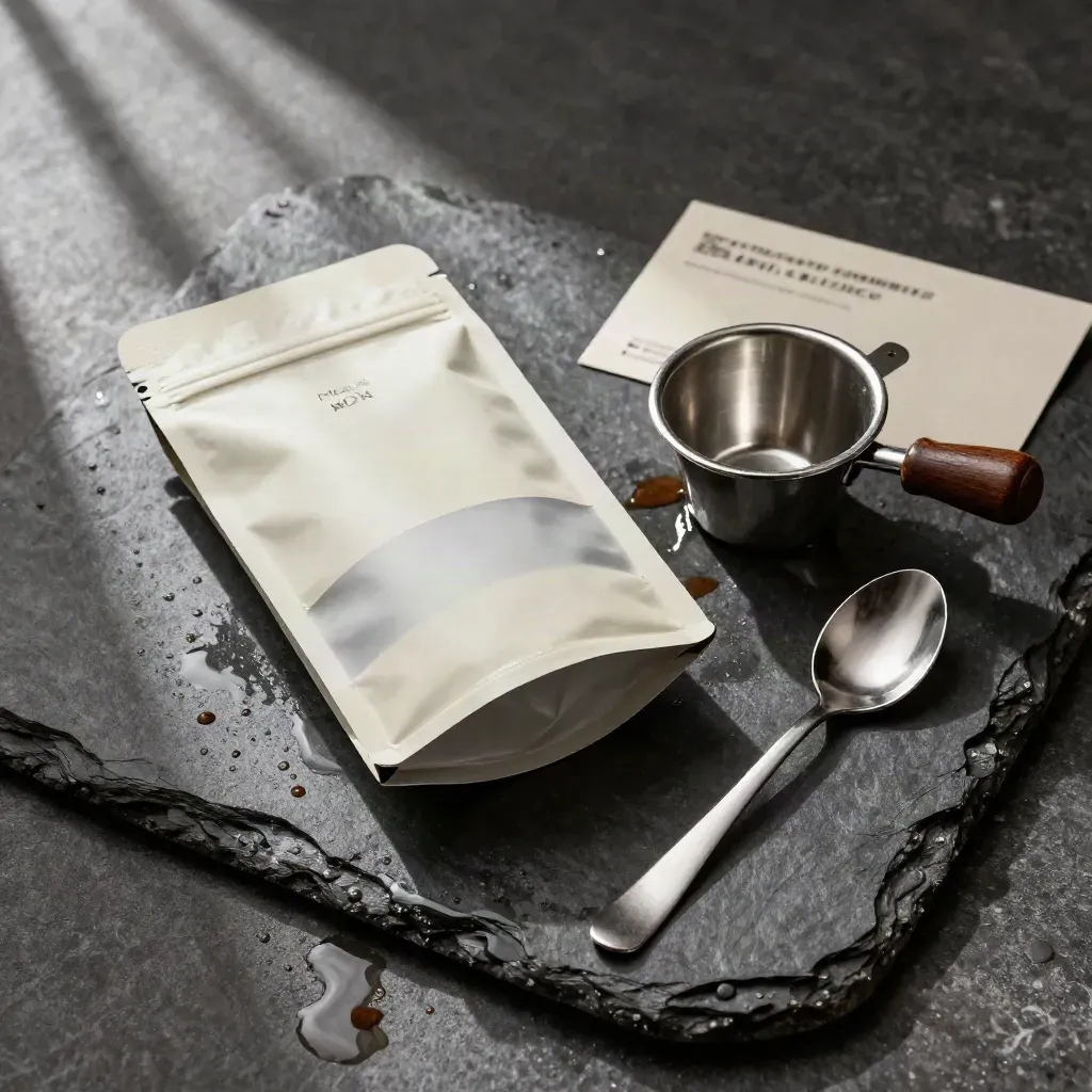 Busta di caffè macinato per moka su pietra bagnata con filtro moka e cucchiaino.