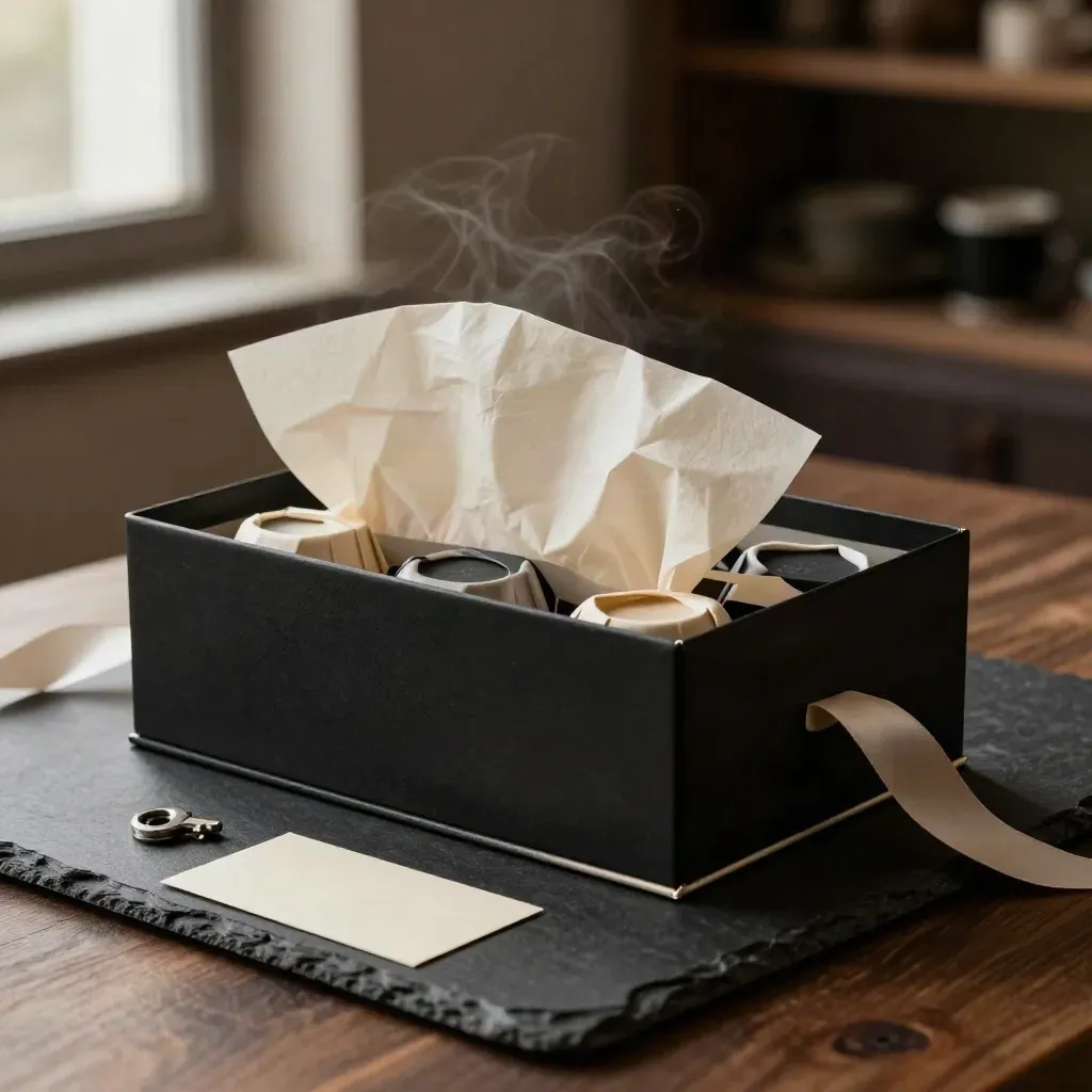 Box regalo caffè semiaperto con tazze avvolte e nastro morbido su fondo scuro