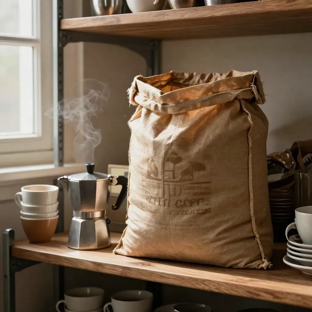 Busta grande di caffè per ufficio con tazze impilate, moka d'acciaio e canovaccio su mensola calda.