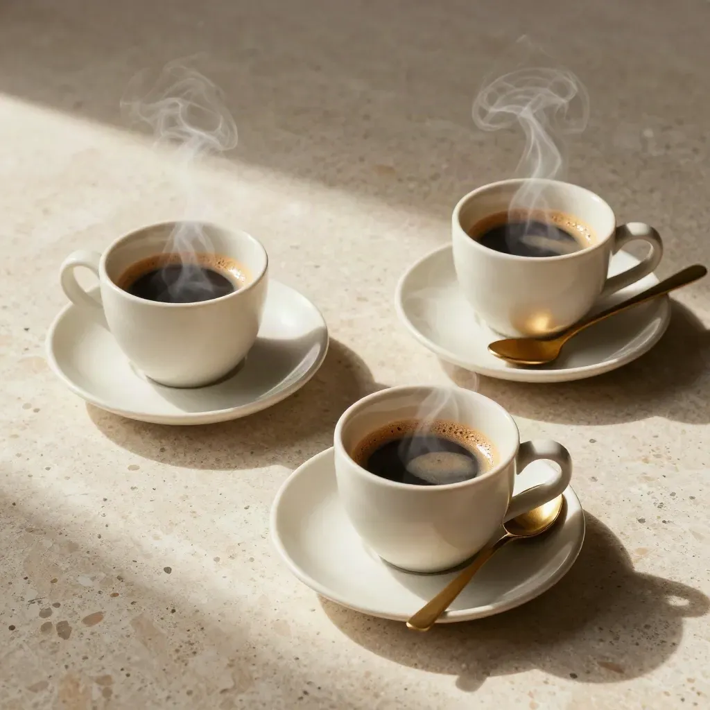 Tre tazzine da espresso in ceramica spessa con piattini e cucchiaini su travertino