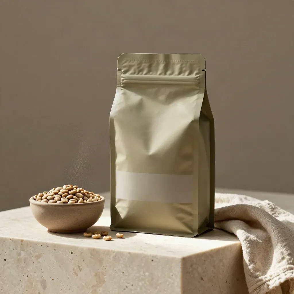 Busta di caffè Arabica Etiopia con ciotola in gres e chicchi chiari su travertino