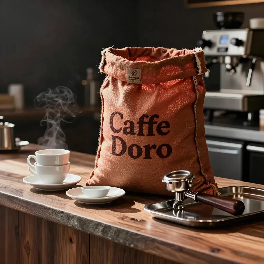 Sacco grande di caffè con tazzine impilate e portafiltro su banco da colazione