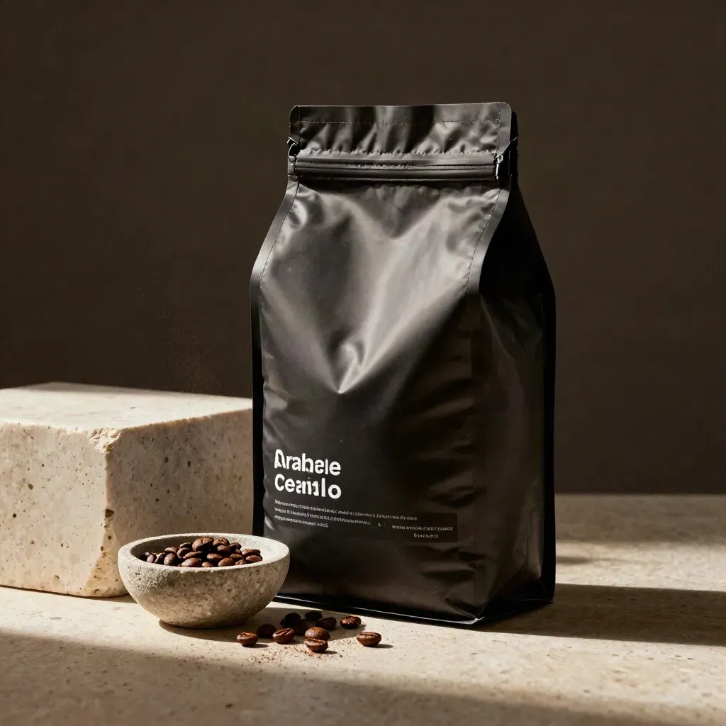 busta di caffè scura con chicchi sparsi e ciotola di pietra su fondo travertino