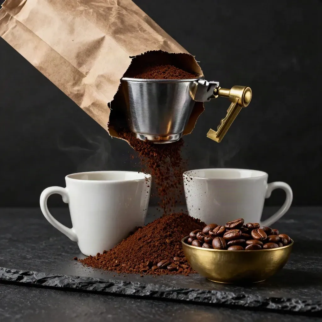 Kit moka aperto con caffè macinato, filtro, tazzine spesse e chicchi su sfondo scuro
