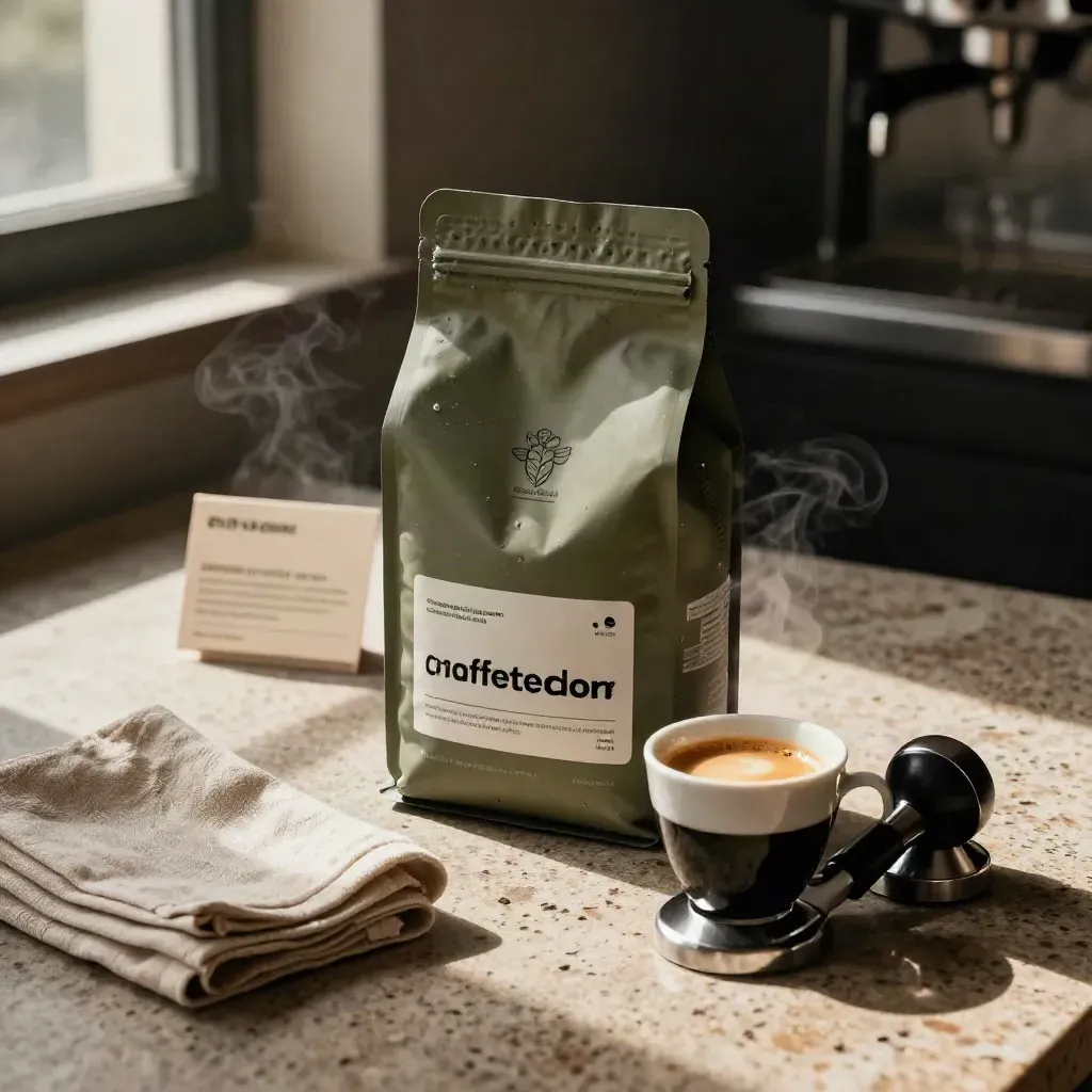 Busta di caffè macinato per espresso con tazzina, tamper e lino su piano caldo