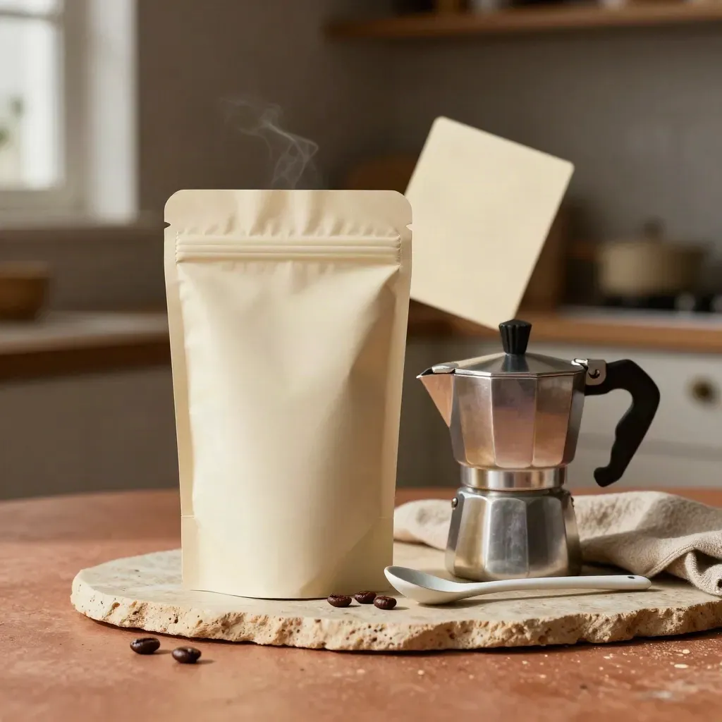 Busta morbida di caffè con moka e cucchiaino su pietra terracotta, luce calda soffusa.