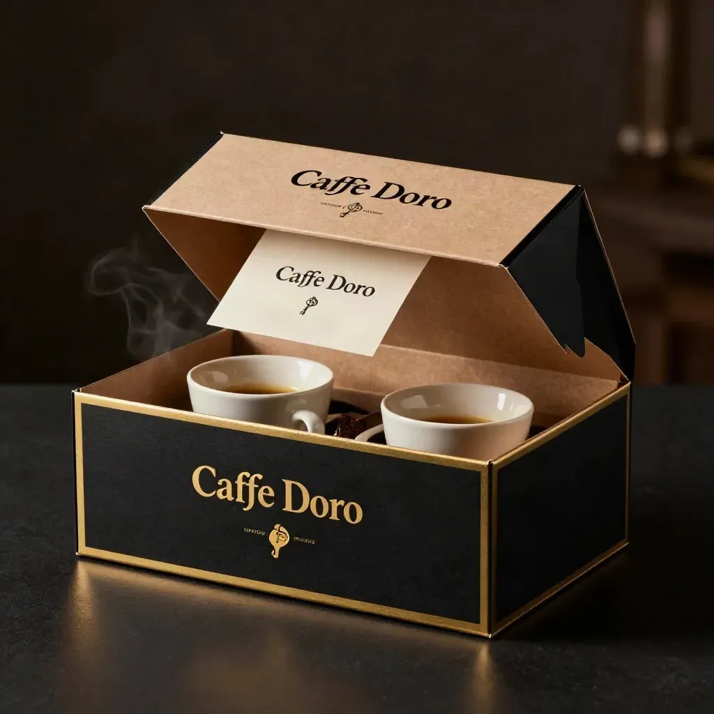 Scatola regalo oro con due tazze e una bustina di caffè, su fondo scuro drammatico.