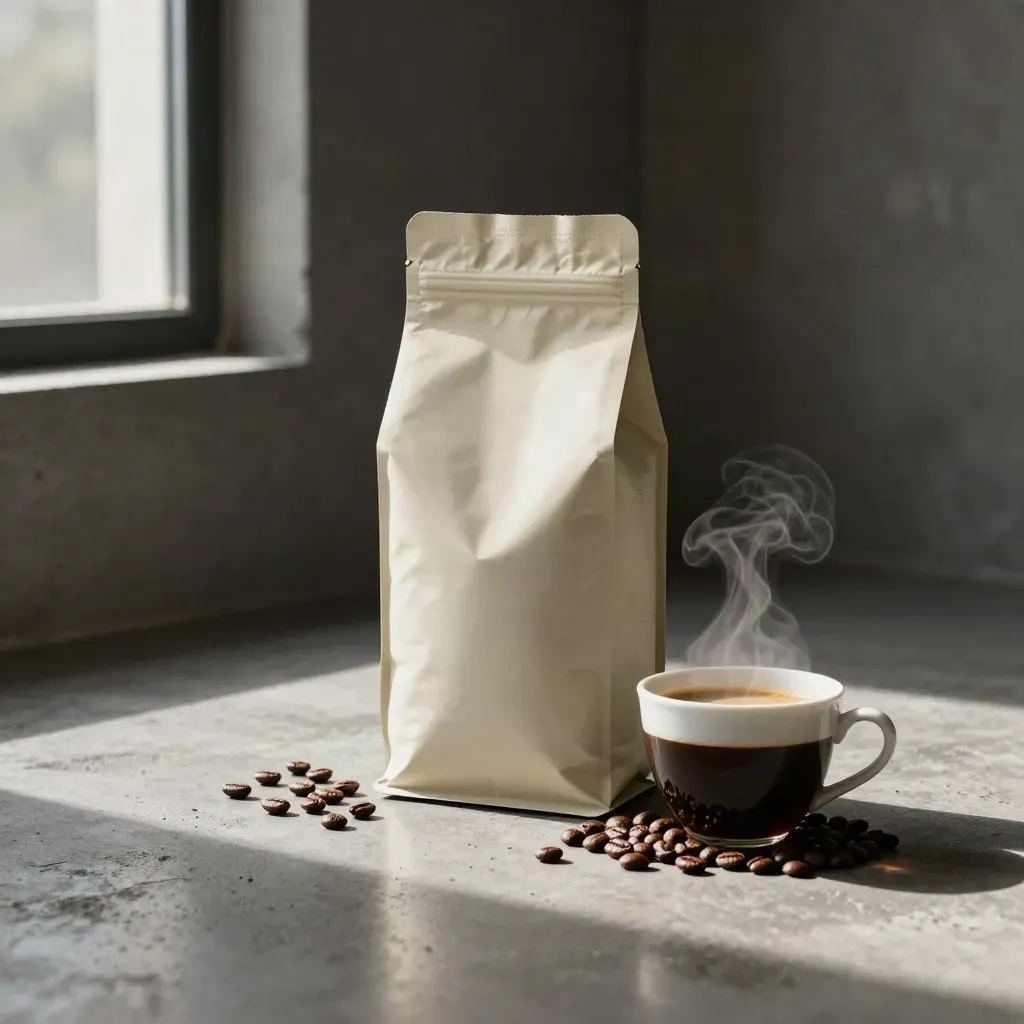 Busta di caffè, tazzina con crema e chicchi su cemento, luce calda e atmosfera premium.