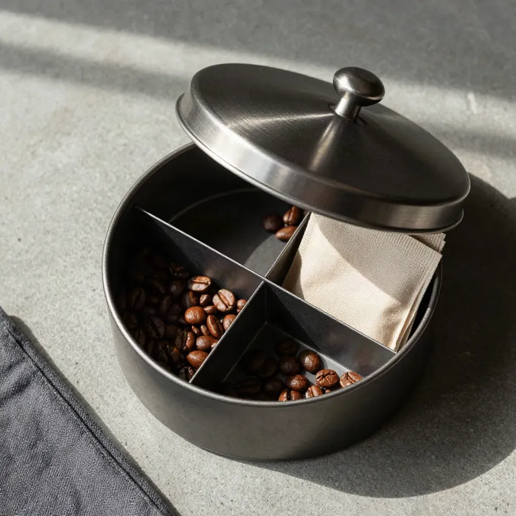 Dall'alto, porta caffè in metallo con chicchi e bustine neutre su cemento scuro.