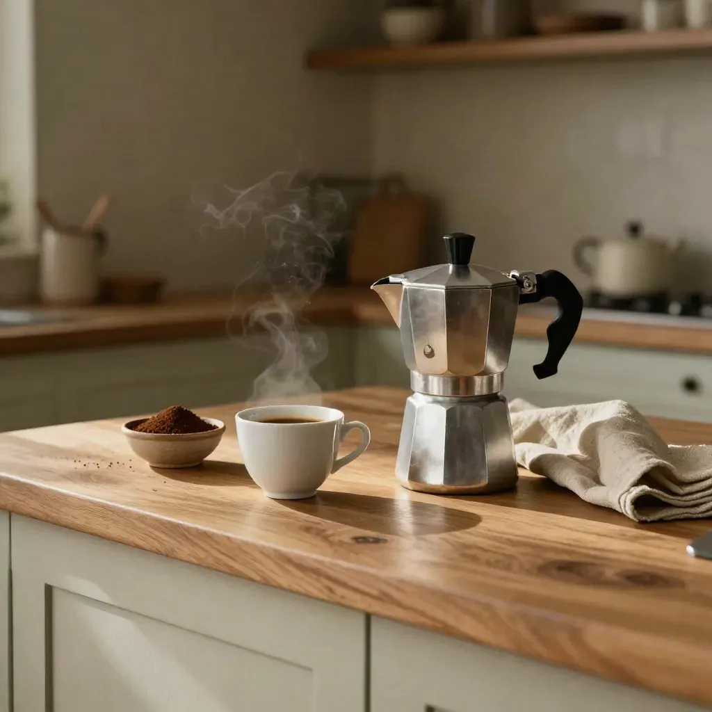 Angolo cucina con moka, tazza e lino su piano di legno caldo, luce radente del pomeriggio.